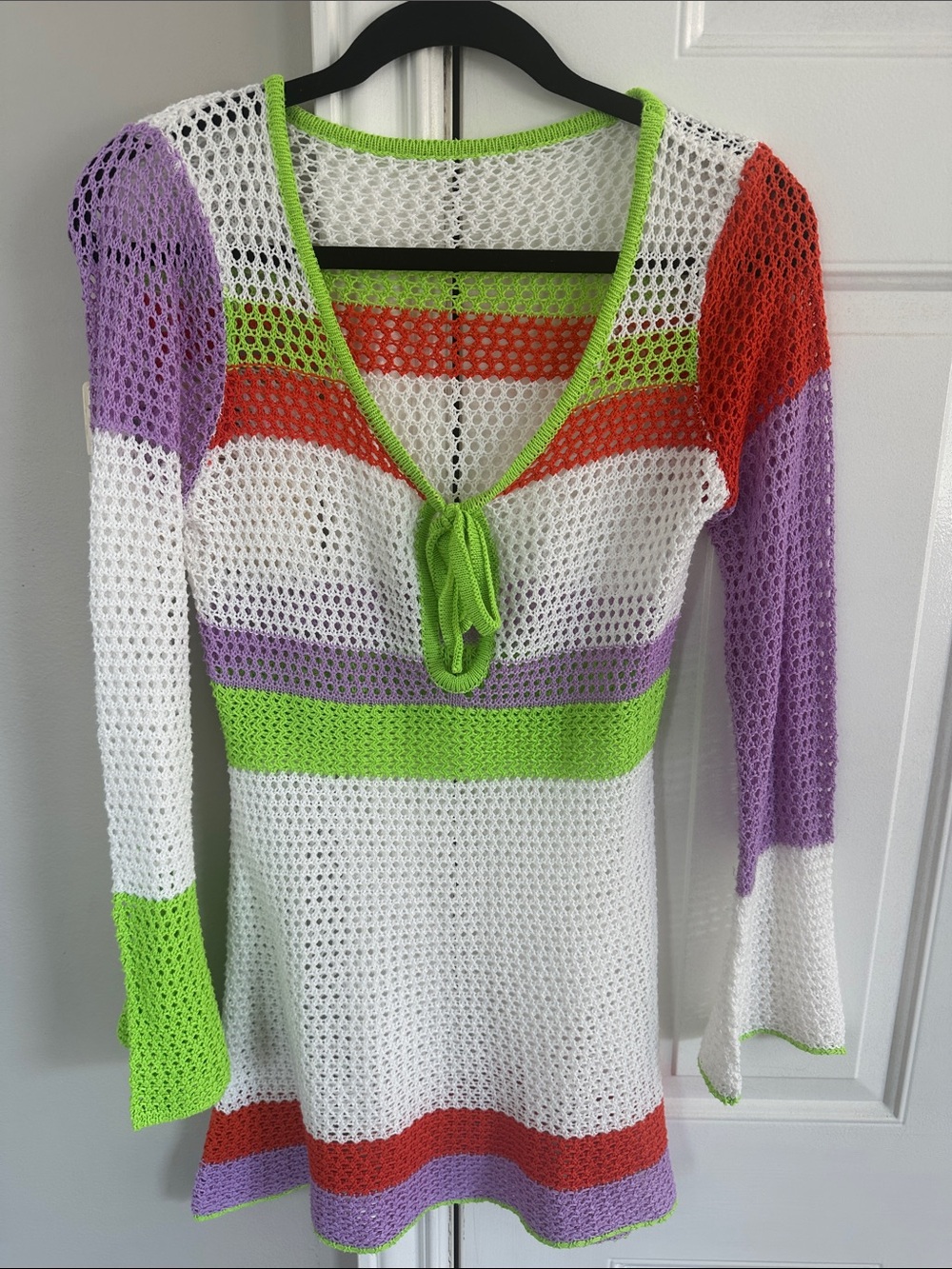Striped Crochet Swim Coverup Tunic with Tie Front - White, Lime, Lavender, Red